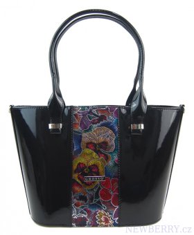 Luxusní dámská kabelka černý lak s barevnými kvítky S504 GROSSO