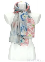 Letní dámský barevný šátek v motivu květů 180x71 cm šedá