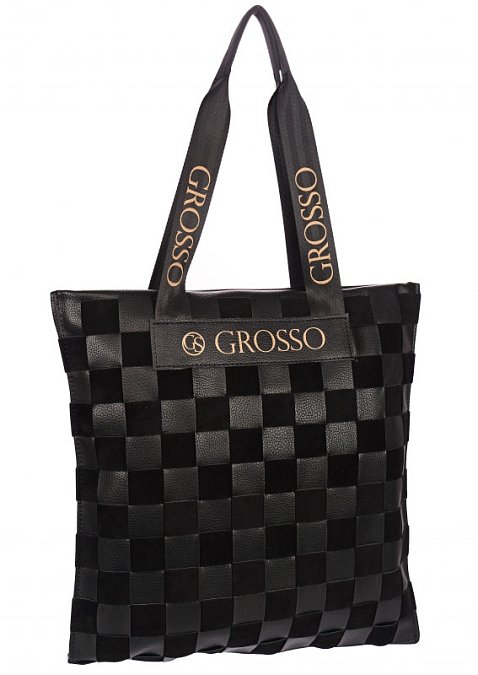 Černá měkká shopper dámská kabelka s proplétaným šachovnicovým vzorem S688 GROSSO