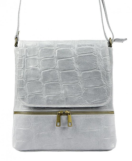 Kožená dámská crossbody kabelka v kroko designu světle šedá