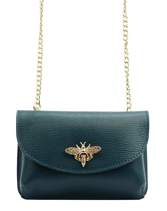 Kožená malá dámská crossbody kabelka na řetízku petrolejová modrá