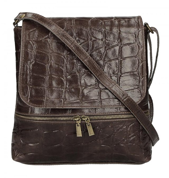 Kožená dámská crossbody kabelka v kroko designu tmavě hnědá