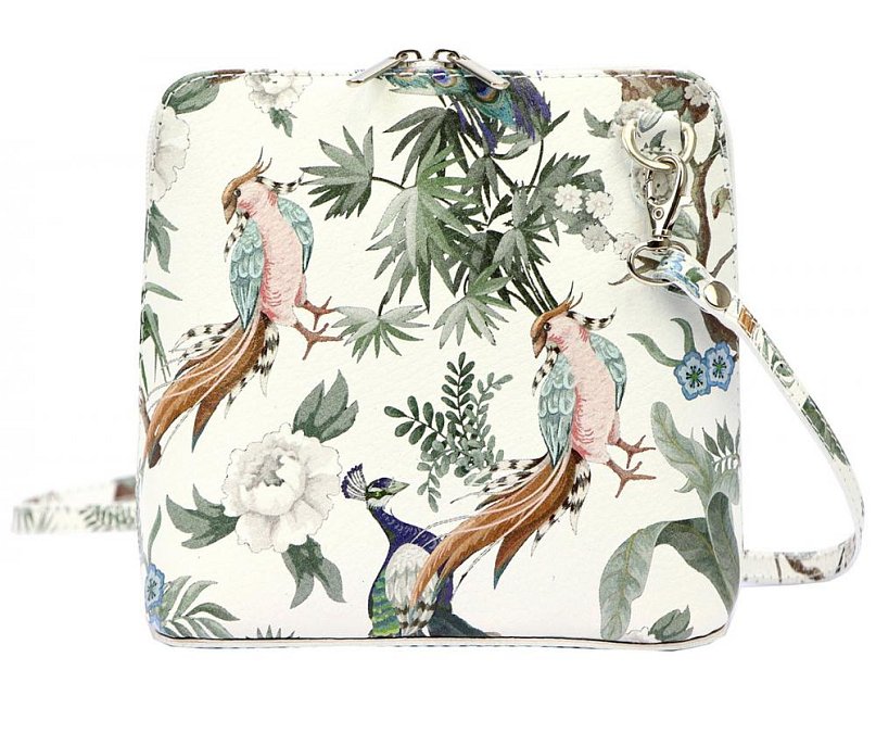 Kožená malá dámská crossbody kabelka s motivem ptáčků