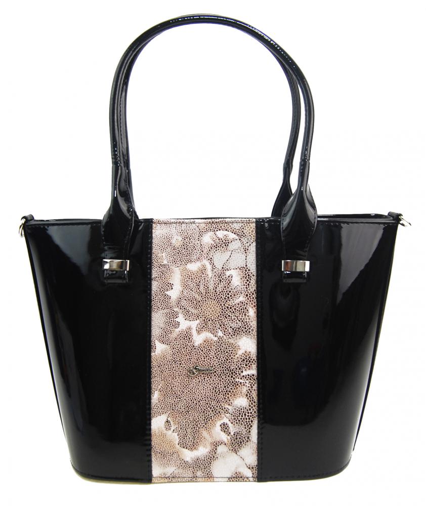 Luxusná dámska kabelka čierny lak s hnedými kvietkami S504 GROSSO