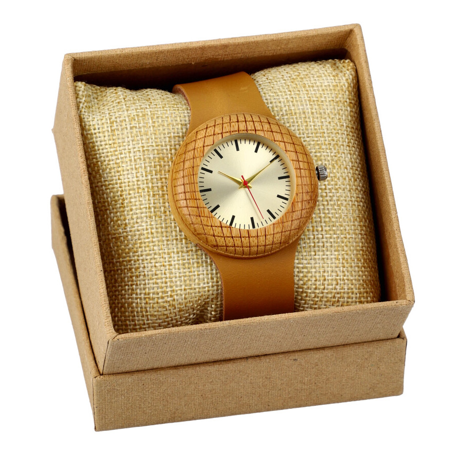 Drevené prírodné dámske hodinky s koženým remienkom v krabičke