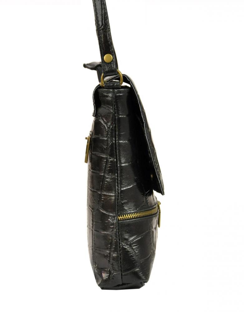 Kožená dámska crossbody kabelka v kroko dizajne tmavo hnedá