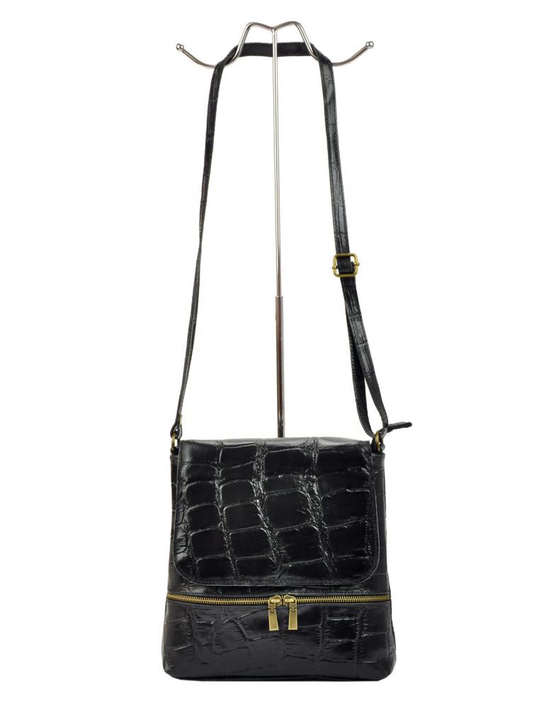 Kožená dámska crossbody kabelka v kroko dizajne čierna